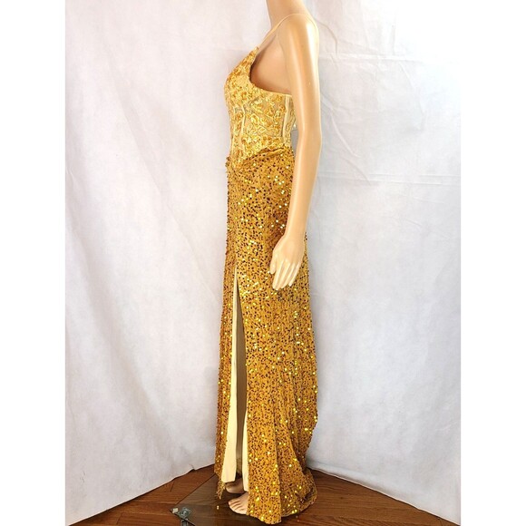 New Prom Special Occasion (0) Gold Velvet Embroidered & Sequin Corset Maxi Dress - Picture 5 of 10